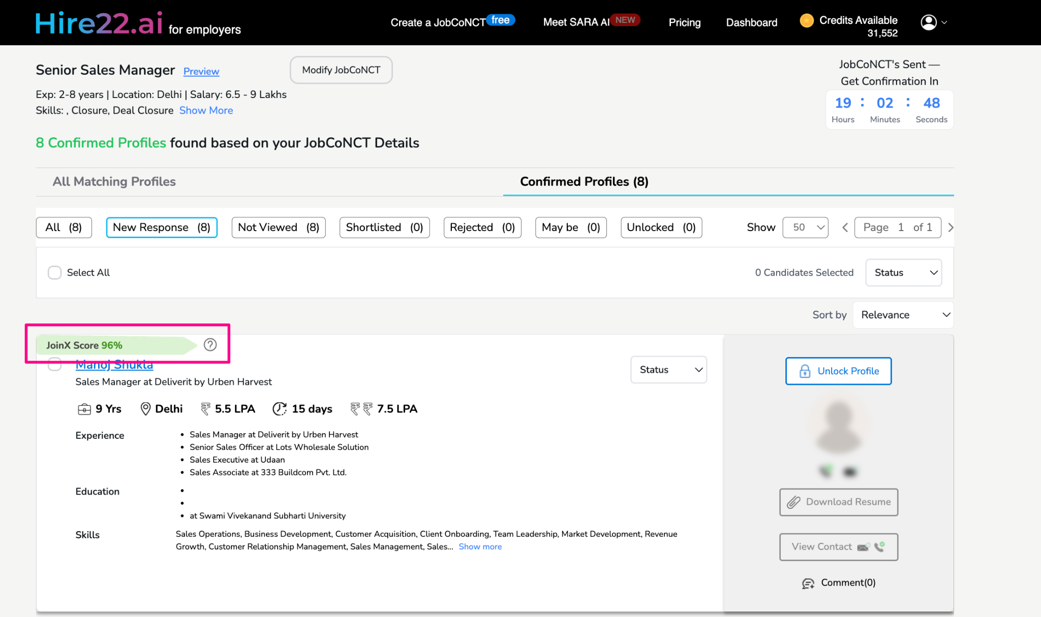 JoinX Score display on candidate profile