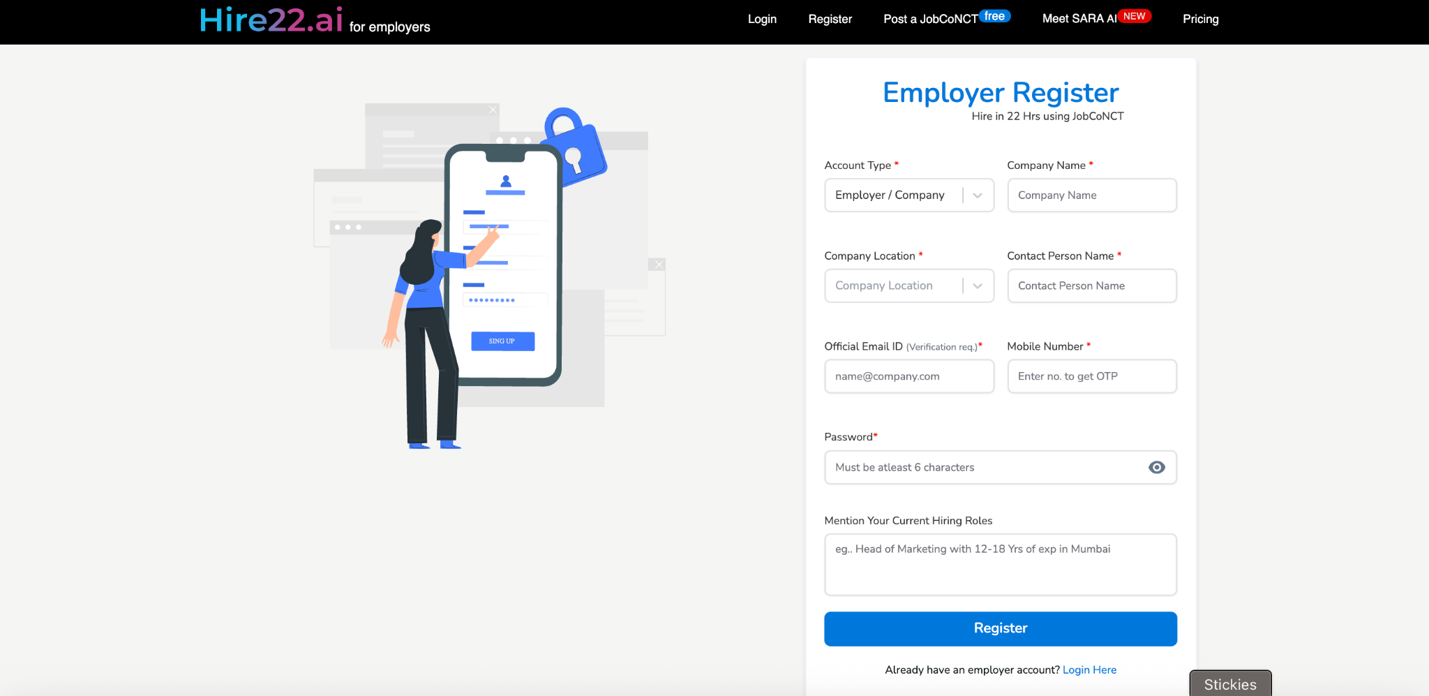 Hire22.ai homepage with register button