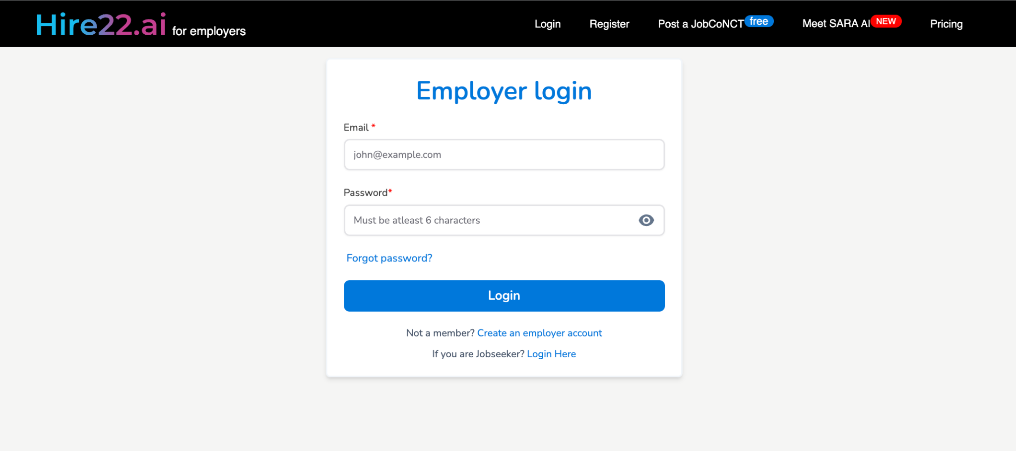 Hire22.ai login page